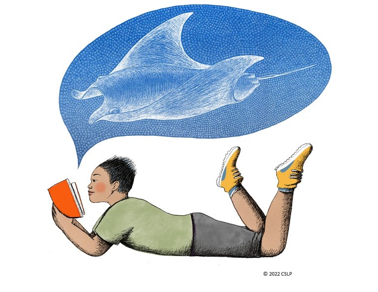 Boy reading a book thinking of a stingray.