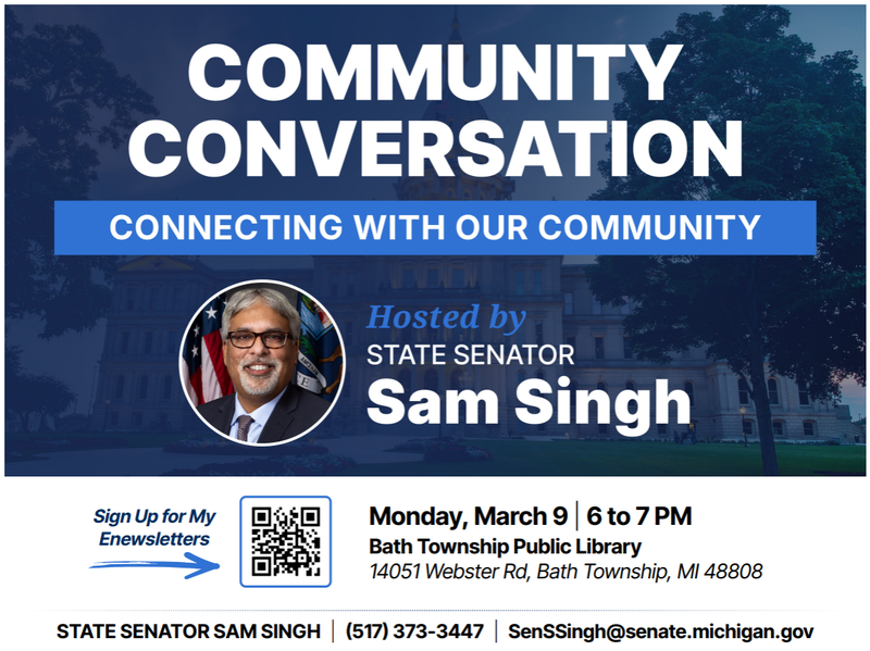 Community Conversations with Senator Singh - Monday March 9th, 6-7pm