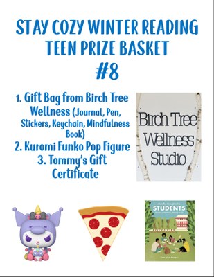 Teen prize basket #8:  Gift Bag from Birch Tree Wellness (Journal, Pen, Stickers, Keychain, Mindfulness Book), Kuromi Funko Pop Figure,  Tommy’s Gift Certificate