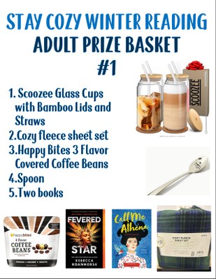 Adult prize basket #1:  Scoozee Glass Cups with Bamboo Lids and Straws,  Cozy fleece sheet set,  Happy Bites 3 Flavor Covered Coffee Beans,  Spoon,  Two books