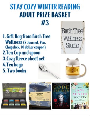 Adult prize basket #3:  Gift Bag from Birch Tree Wellness (2 Journal, Pen, Chapstick, 10 dollar coupon), Tea Cup and spoon,  Cozy fleece sheet set,  Tea bags,   Two books