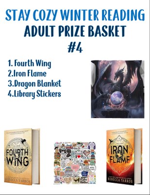 Adult prize basket #5:  Fourth Wing,  Iron Flame,  Dragon Blanket, Library Stickers 