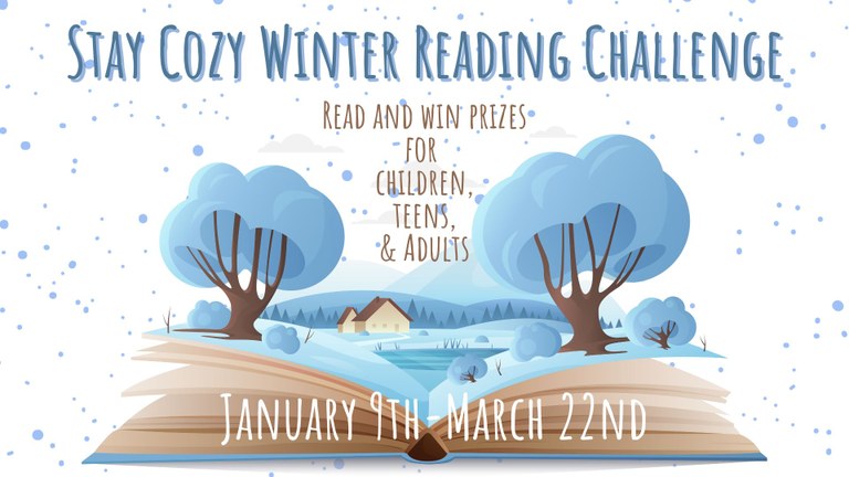 BookStay cozy winter reading challenge. Read and win prizes for children, teens, and adults. January 9 through March 22