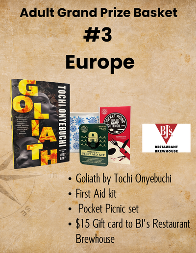 Adult Grand Prize Basket  #3  Europe Goliath by Tochi Onyebuchi First Aid kit  Pocket Picnic set $15 Gift card to BJ’s Restaurant Brewhouse