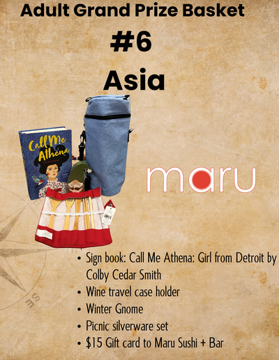 Adult Grand Prize Basket  #6  Asia Signed book: Call Me Athena: Girl from Detroit by Colby Cedar Smith Wine travel case holder Winter Gnome  Picnic silverware set  $15 Gift card to Maru Sushi + Bar