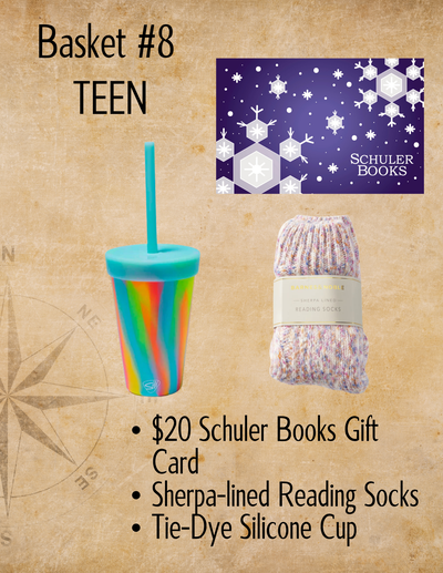 Basket #8  TEEN $20 Schuler Books Gift Card Sherpa-lined Reading Socks Tie-Dye Silicone Cup